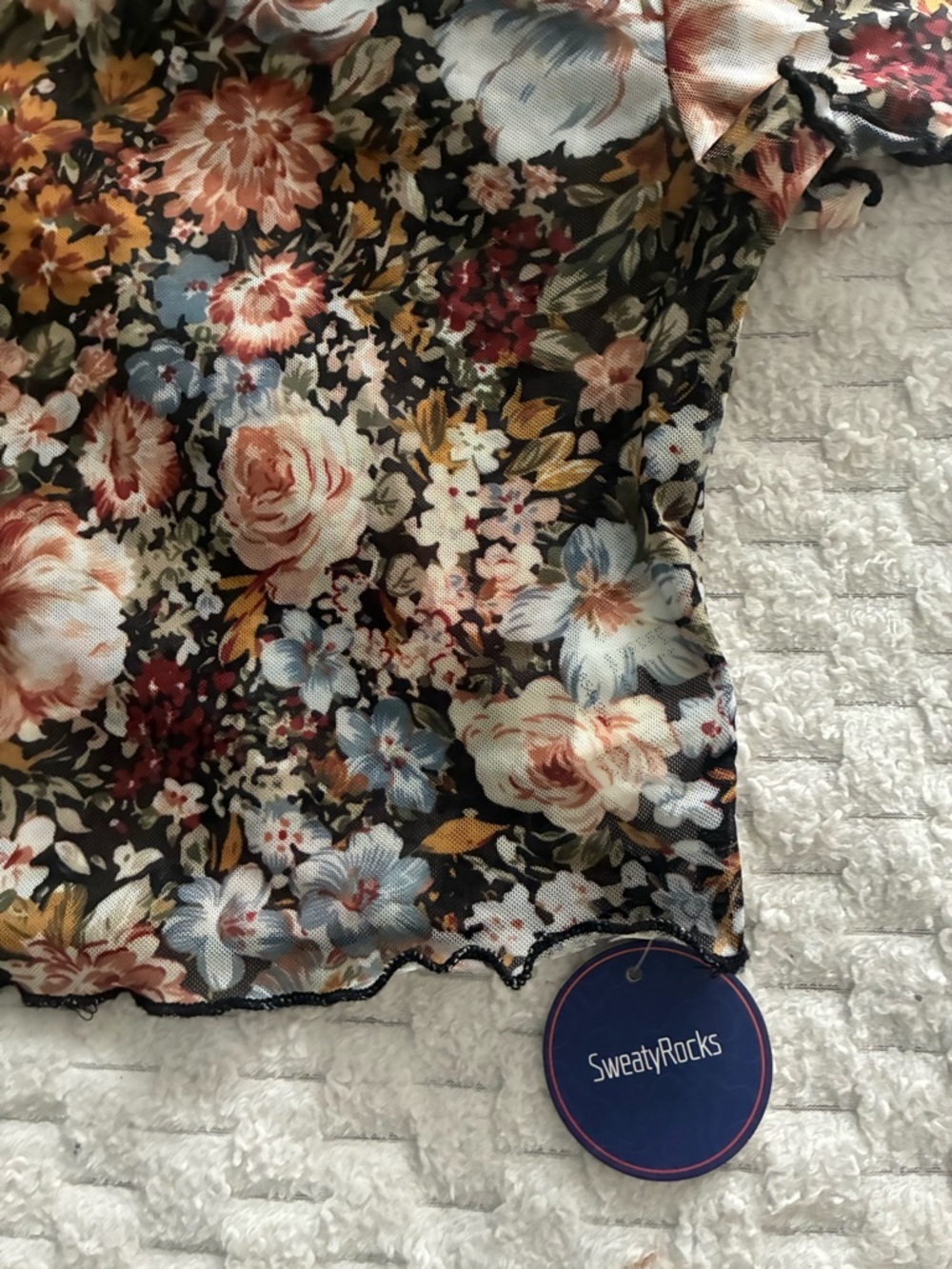 Sheer Floral Ruffle-Trim Short Sleeve Top - Multi Floral - Picture 2 of 4